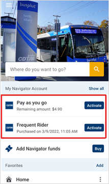 navigator home screen with pay as you go and monthly pass highlighted