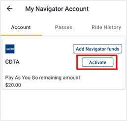 my navigator account screen with activate highlighted