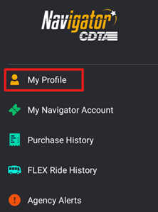 navigator main menu with my profile highlighted